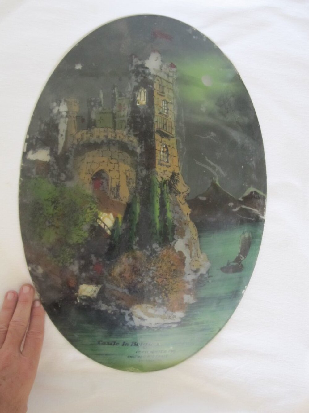 rare 1917 Chicago Portrait : Castle in Belgium, Reverse Painting on Bubble Glass